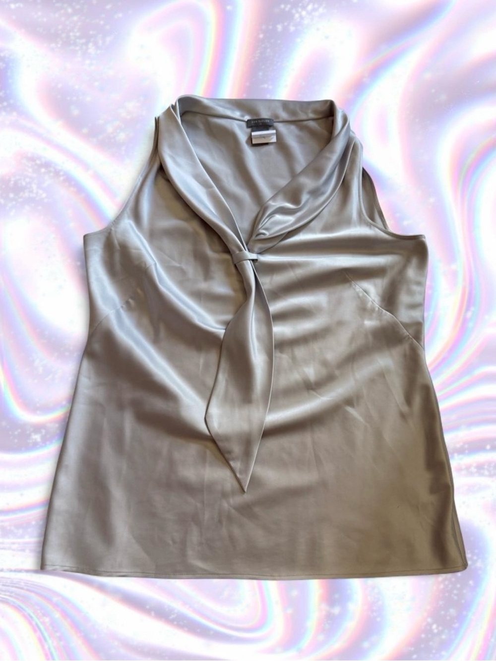 American Vintage Silver Satin Tie-Neck Shell Top